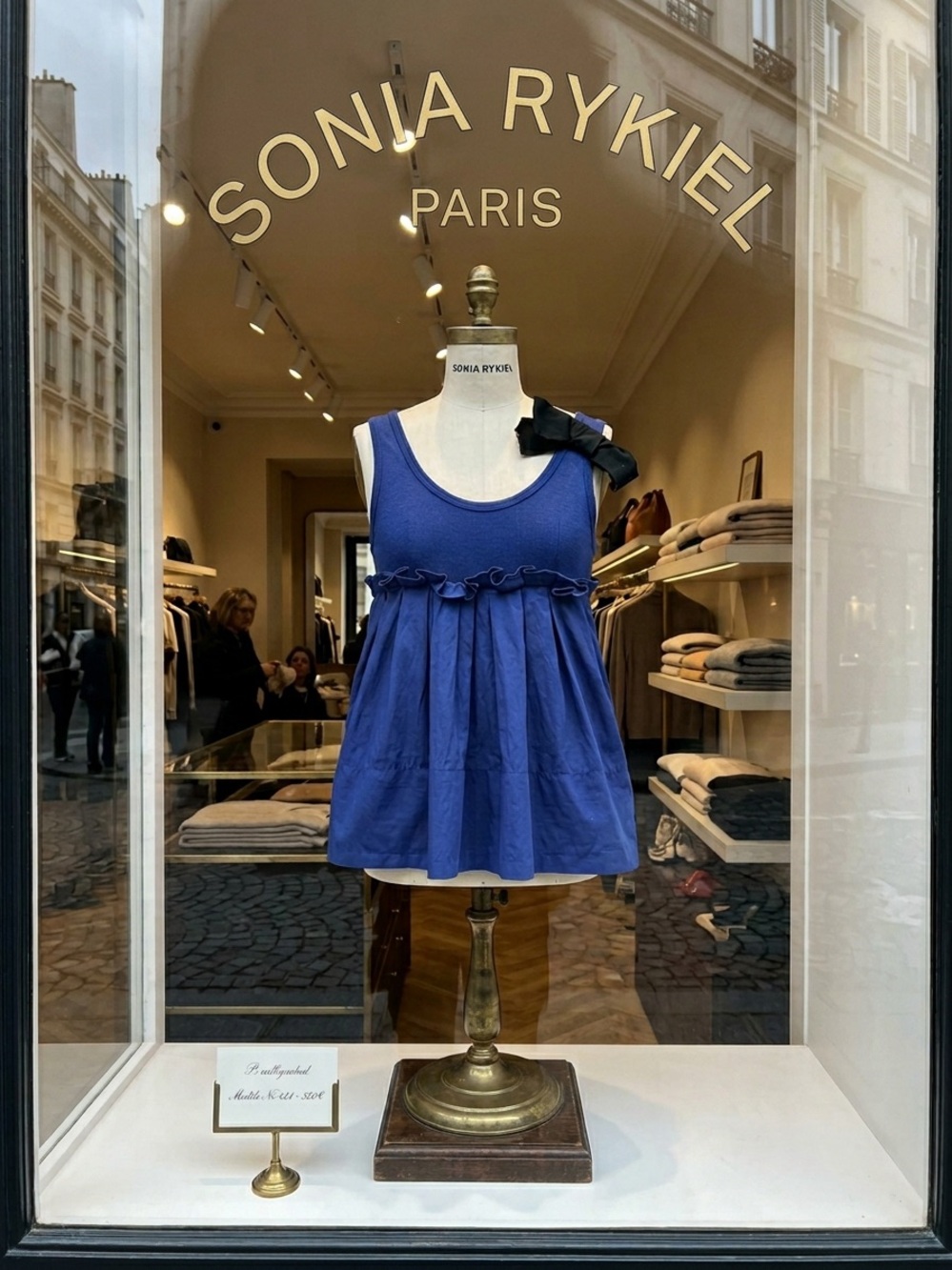 Sonia Rykiel Paris Navy Blue Babydoll Tank Top with Black Grosgrain Bow